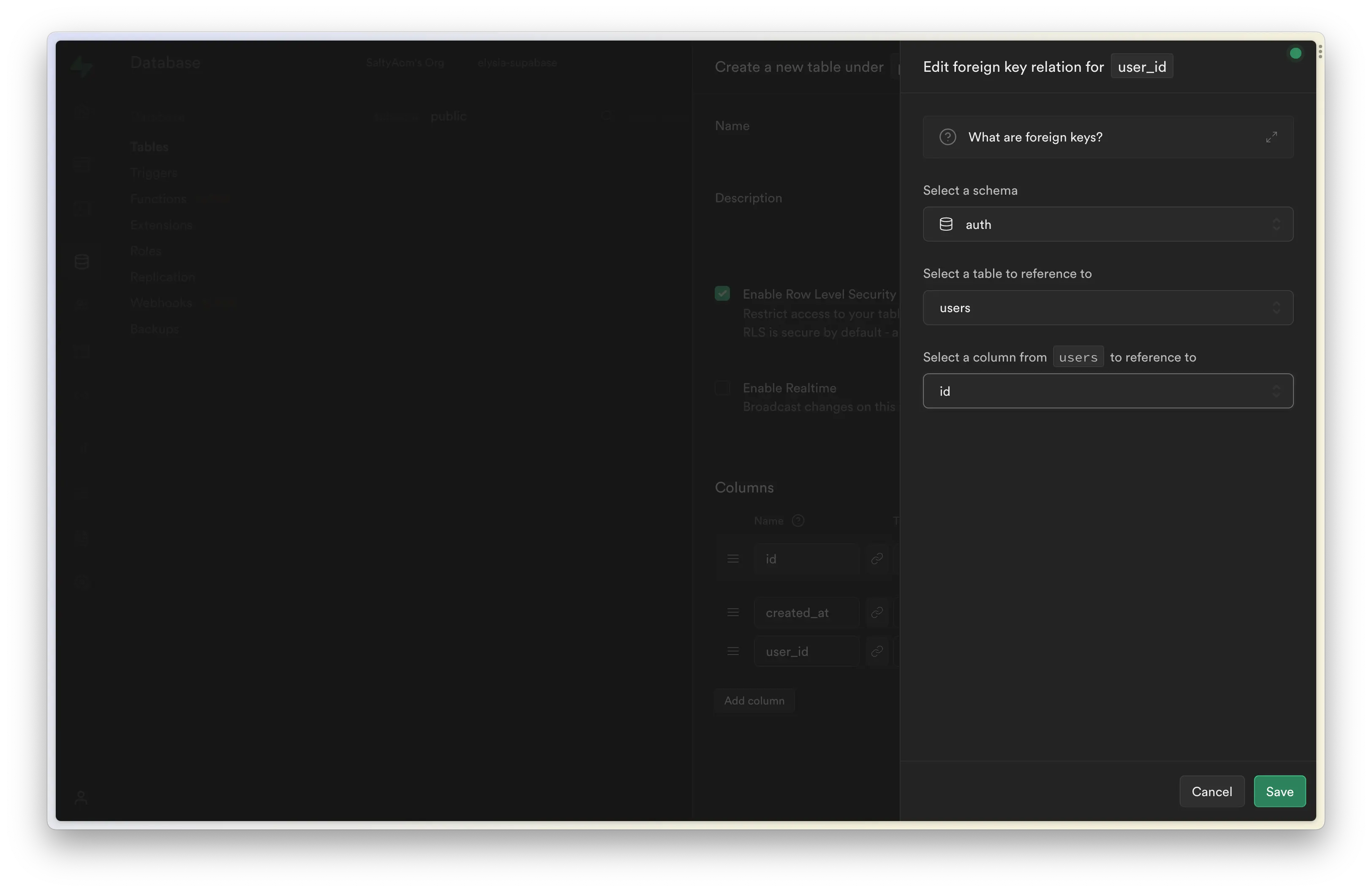 Linking the 'user_id' field with Supabase's user schema as 'user.id'