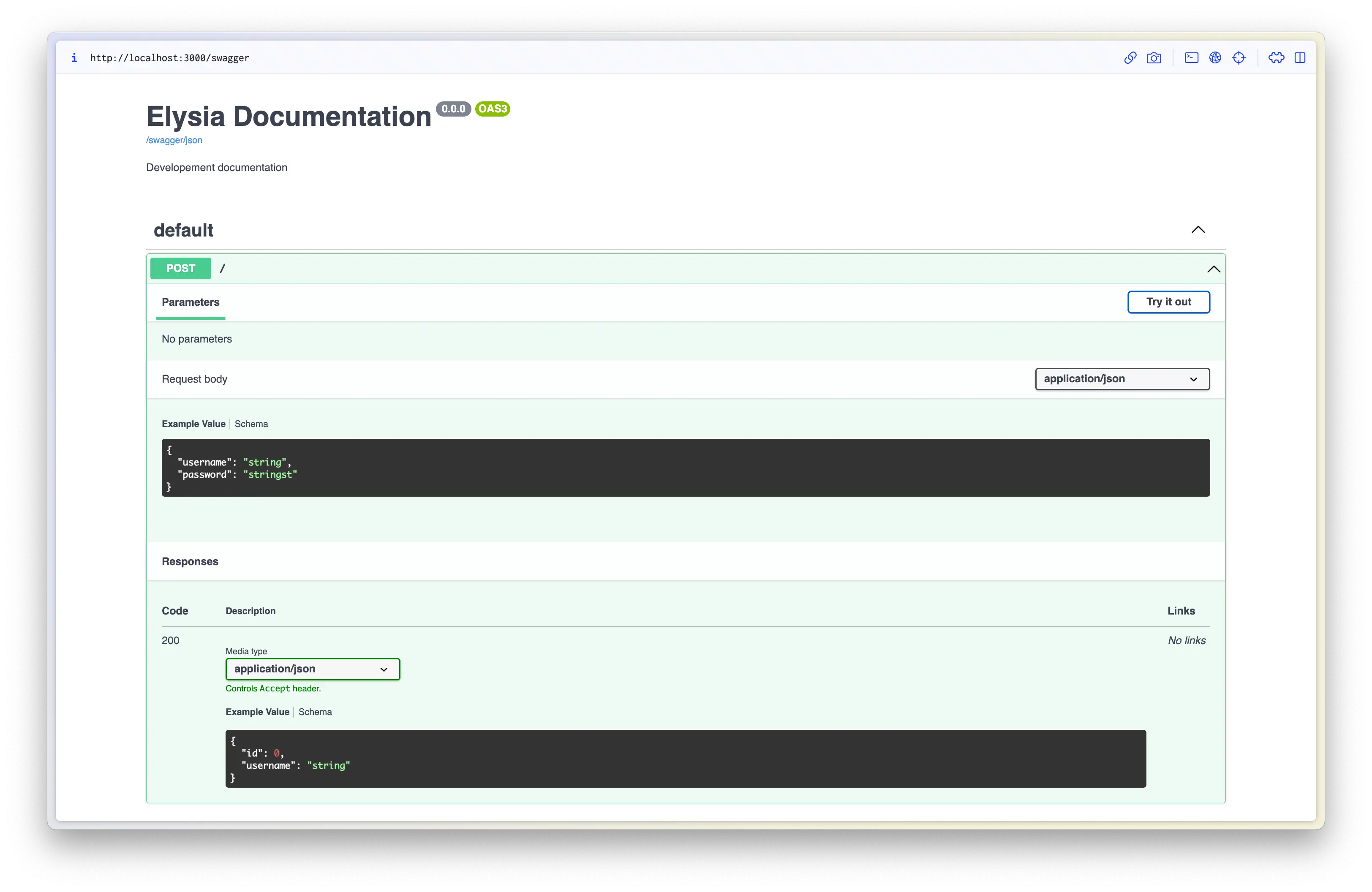 Swagger documentation generated by Elysia